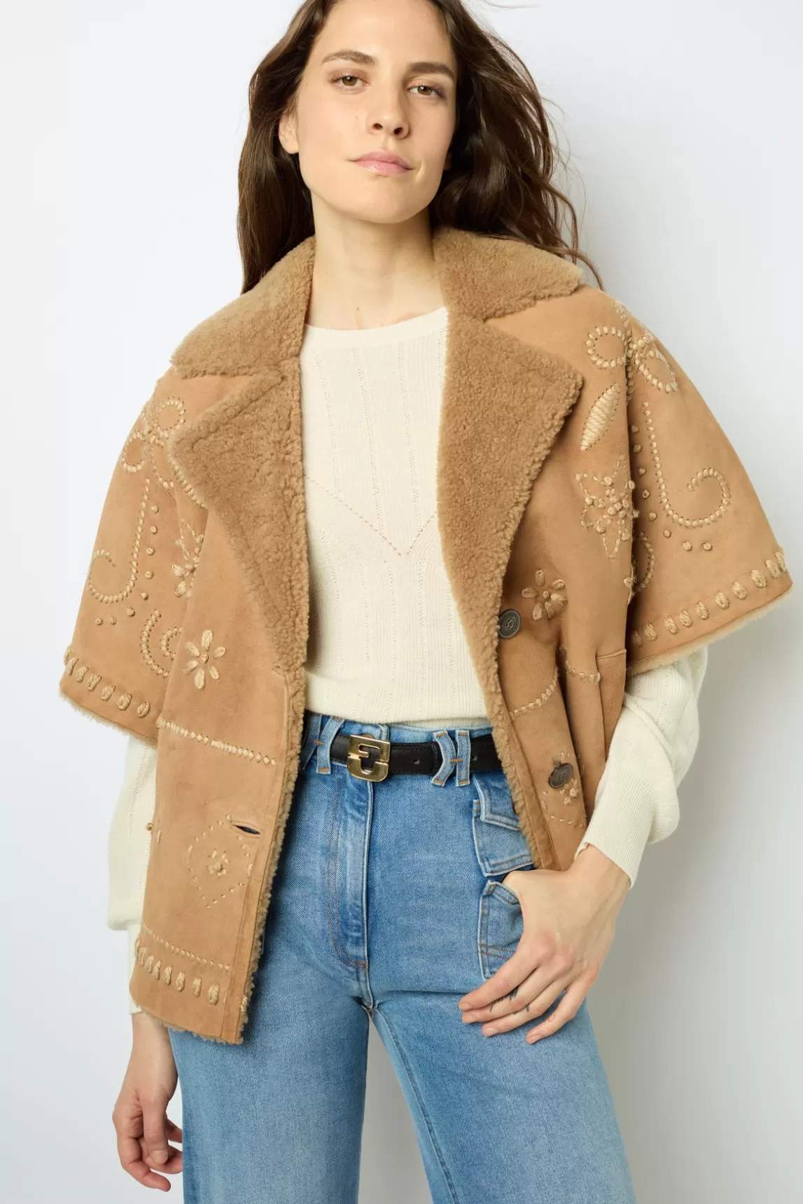 Outlet Gerard Darel Embroidered shearling short jacket - LYSIANNA Paille