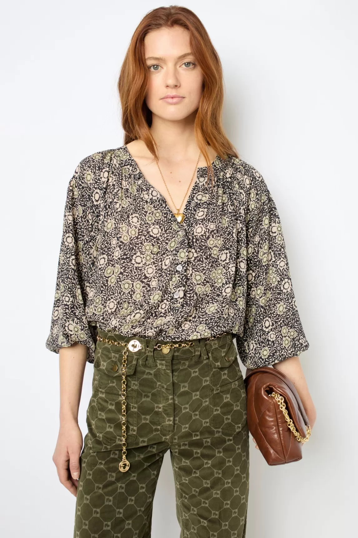 Hot Gerard Darel Floral blouse with round neck - ADENA VertKaki