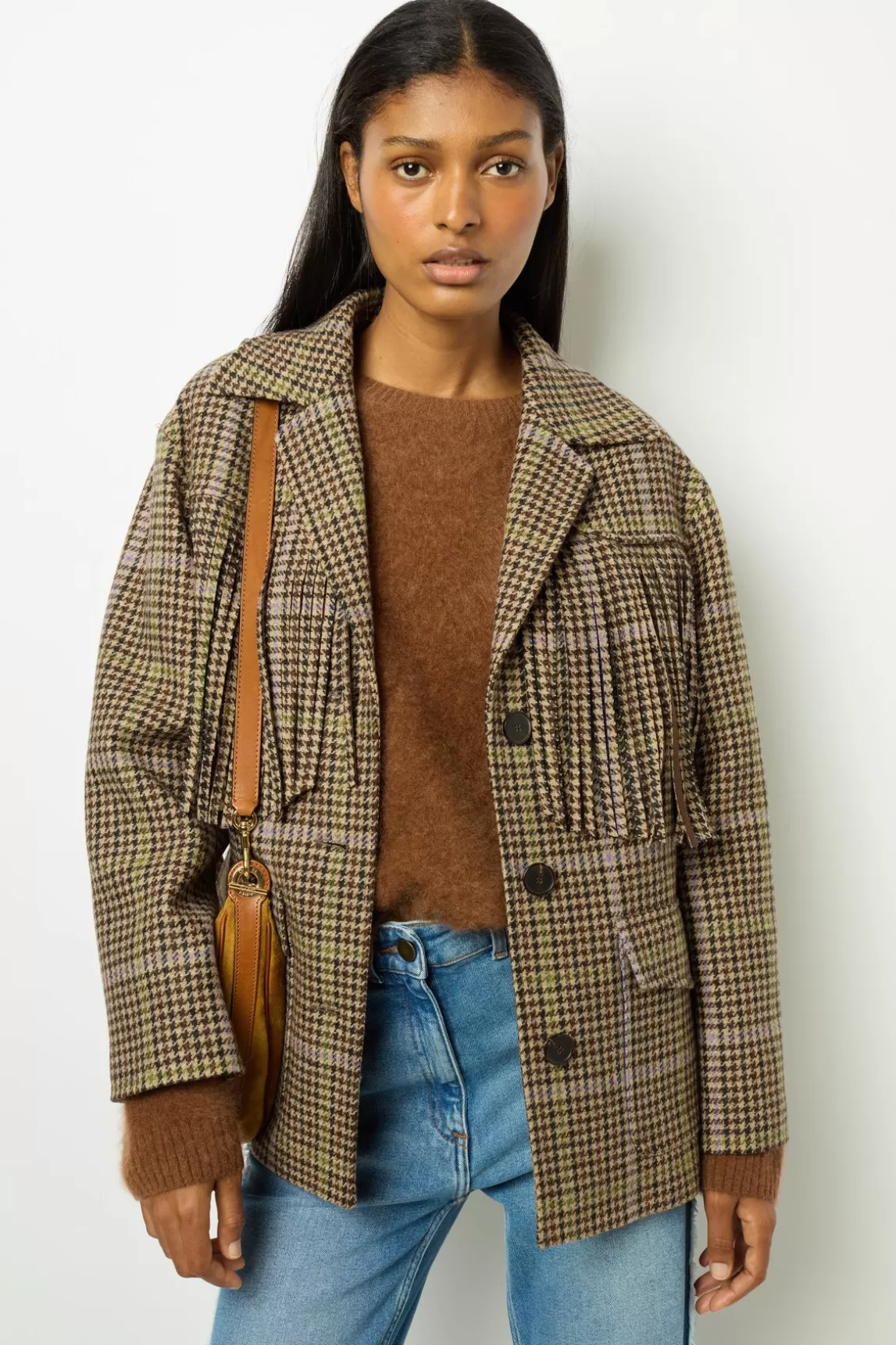 Best Sale Gerard Darel Fringed houndstooth jacket - MURIELLE Marron