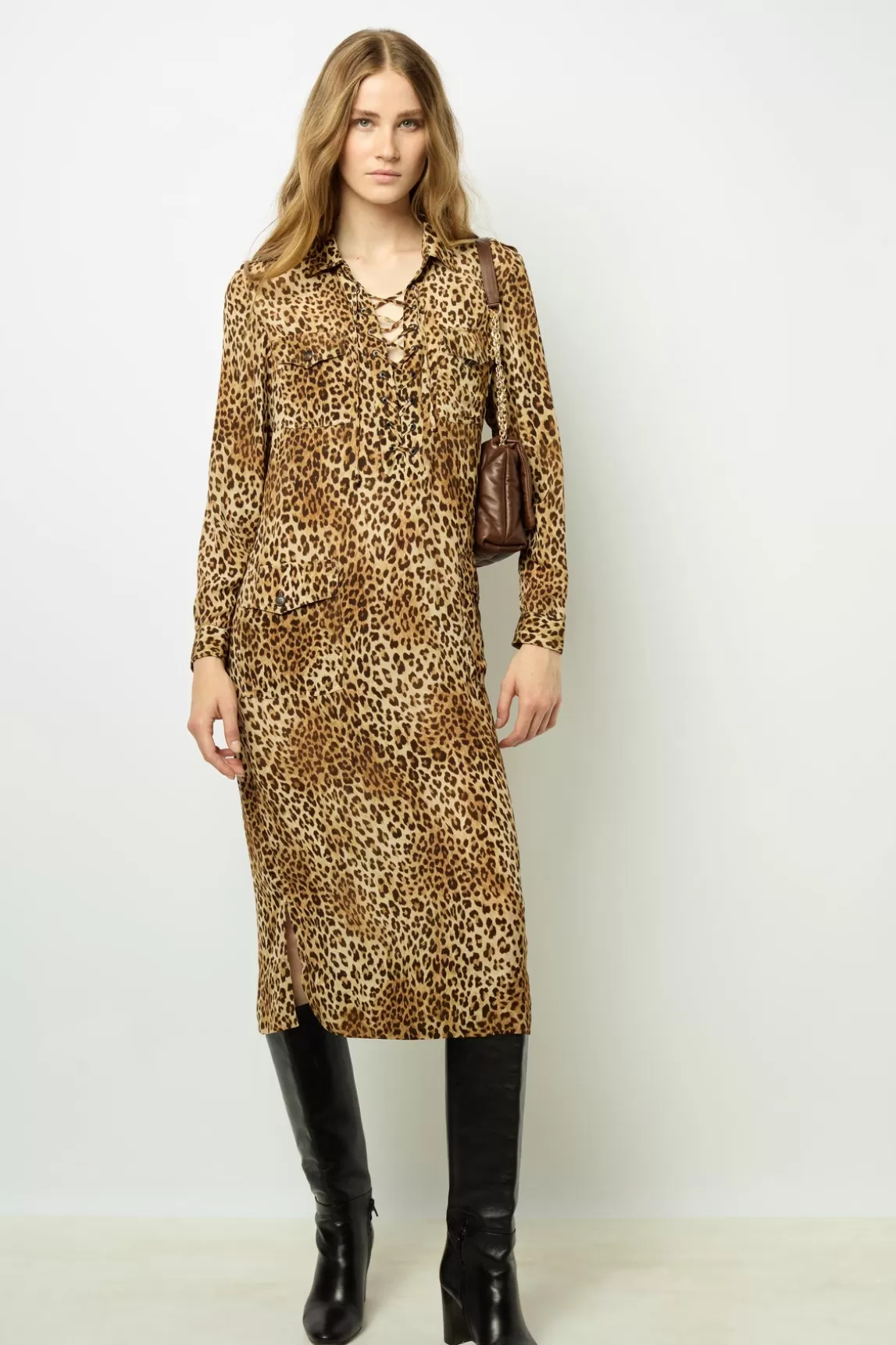 Best Sale Gerard Darel Leopard Print Maxi Dress with Lace-Up Detail - SIRENA Beige