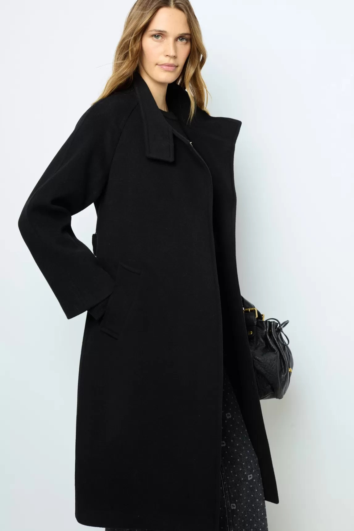 Best Sale Gerard Darel Long coat with belt and stand up collar - LOU Noir