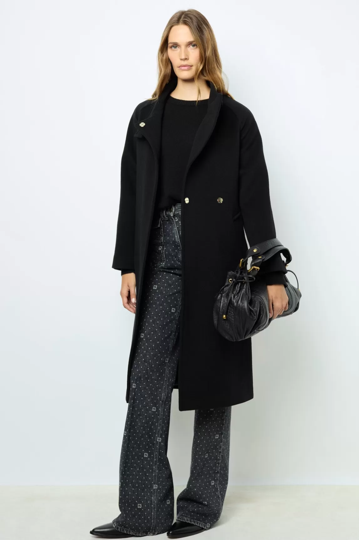 Best Sale Gerard Darel Long coat with belt and stand up collar - LOU Noir