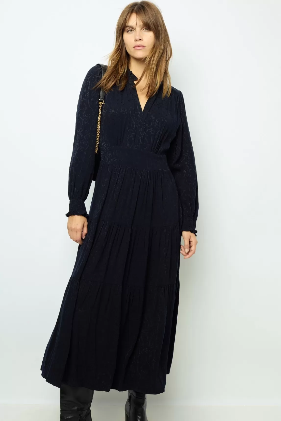 Best Sale Gerard Darel Ruffled jacquard maxi dress - SANDRINE Marine