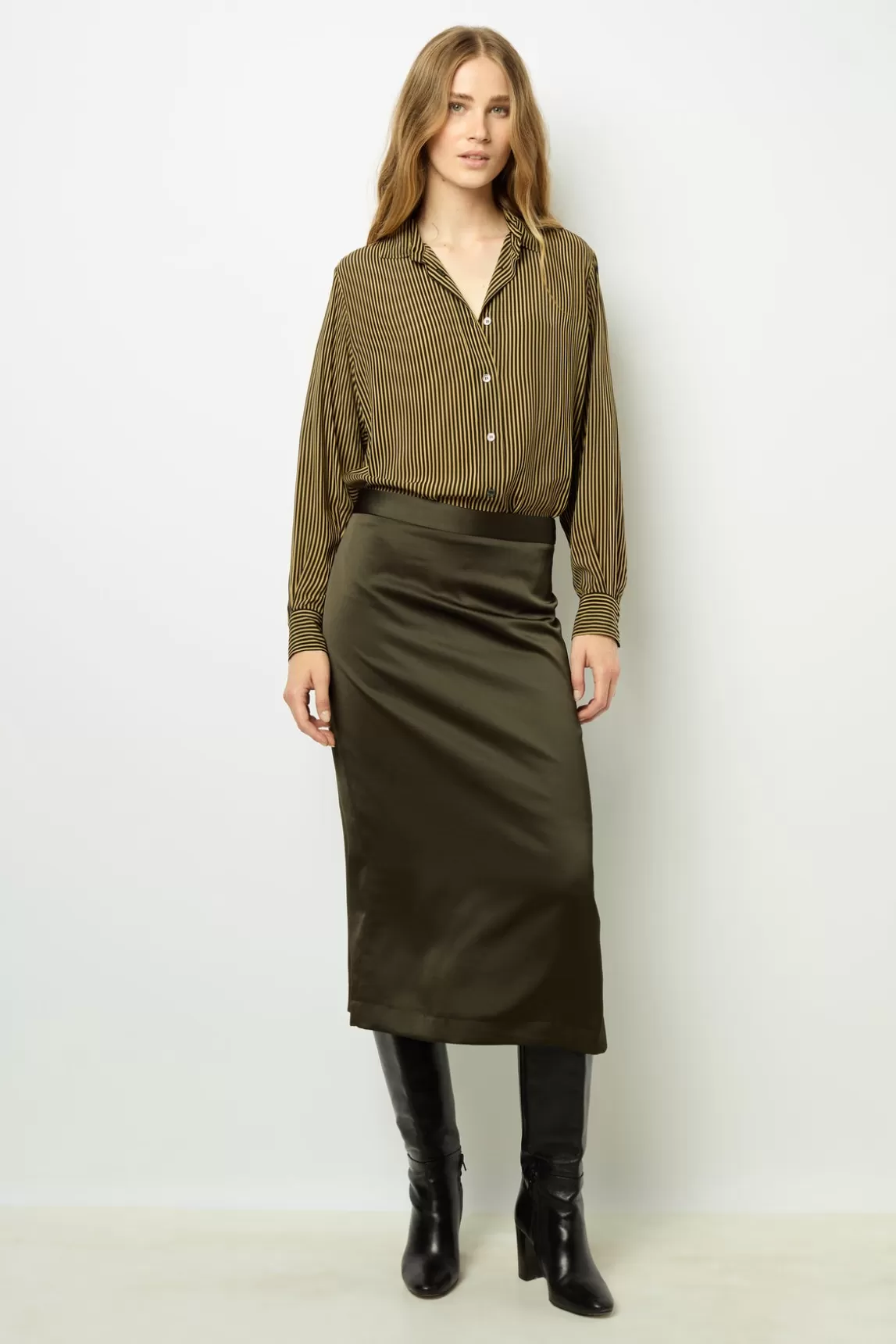 New Gerard Darel Satin midi skirt - CORALINE Kaki